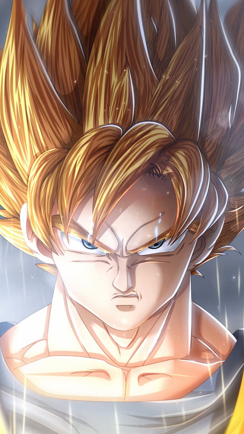 Goku features upright golden hair and a fierce expression as yellow light glows around his head and shoulders.