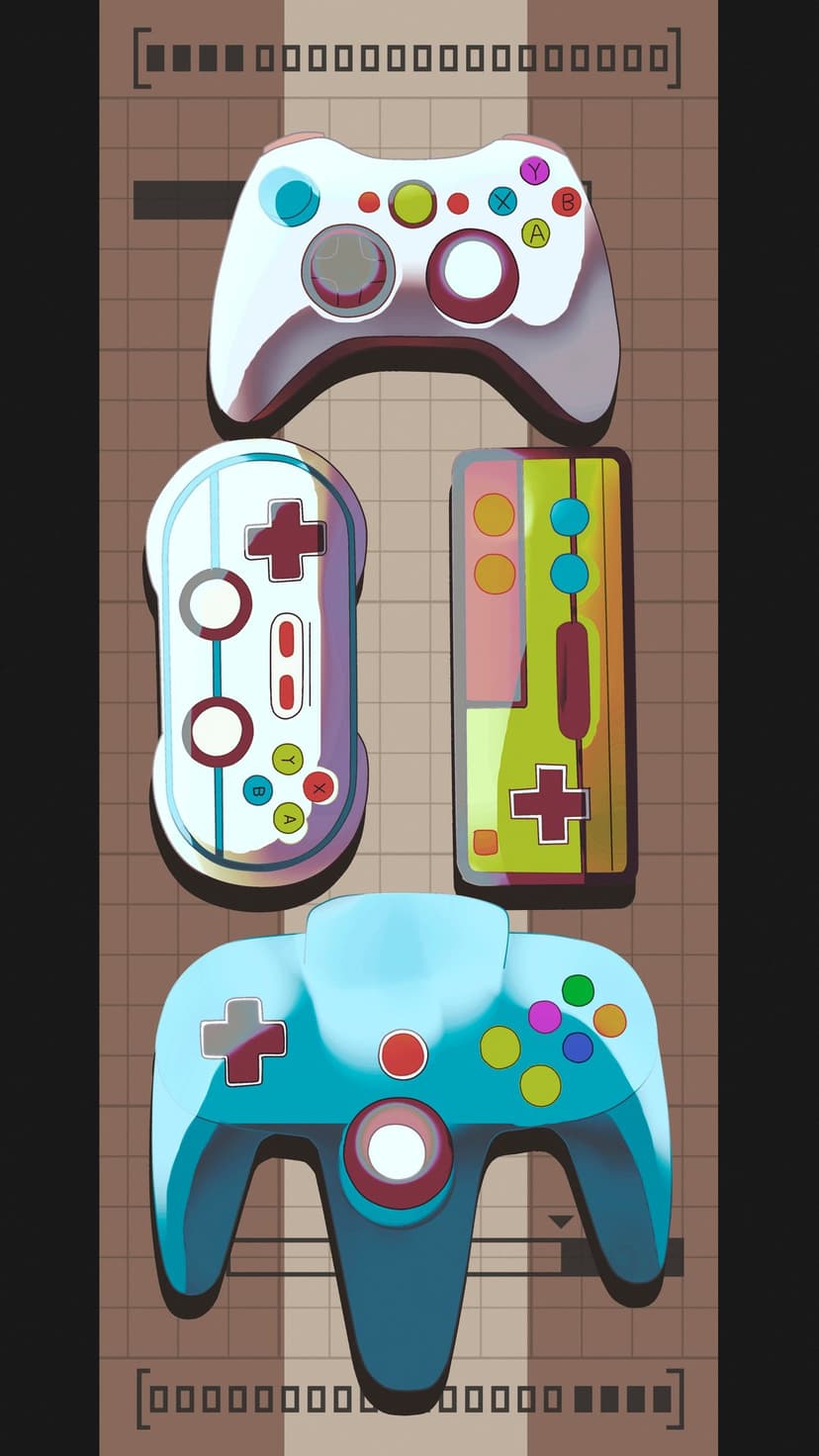 Xbox and Nintendo controllers float over a cyan grid background with vibrant neon highlights and shadows.