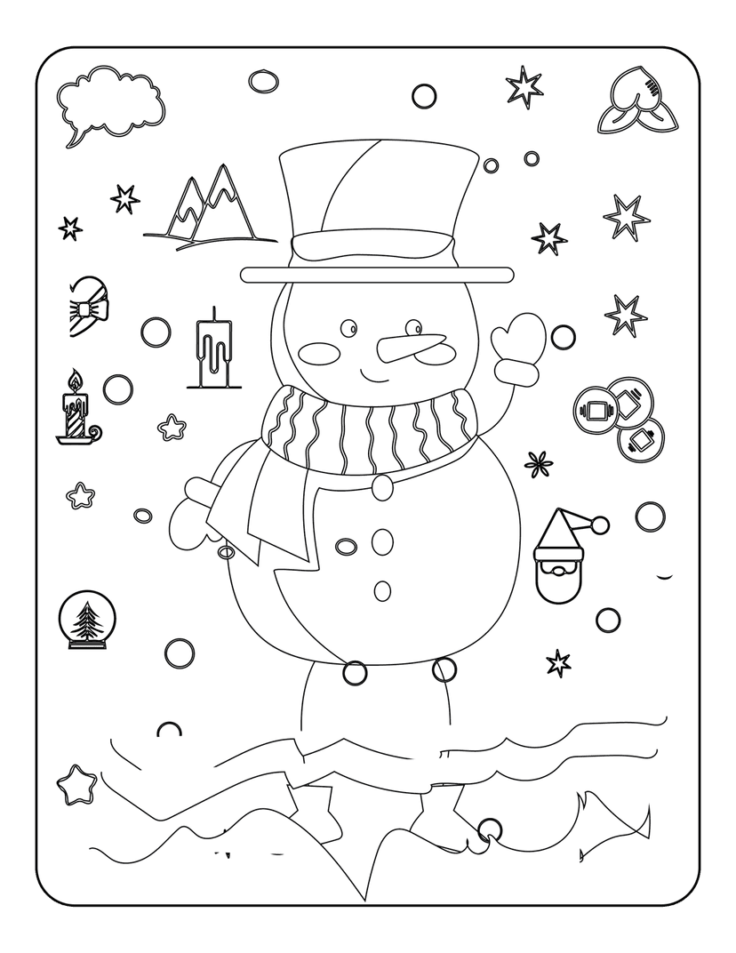 Snowman coloring page outlines featuring a scarf, top hat, stars, snow globe, and Santa Claus in black and white.