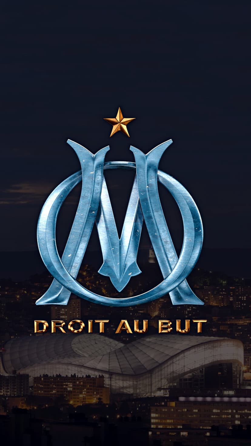 Olympique Marseille logo and Droit Au But motto positioned over a dark night view of the Vélodrome stadium roof.