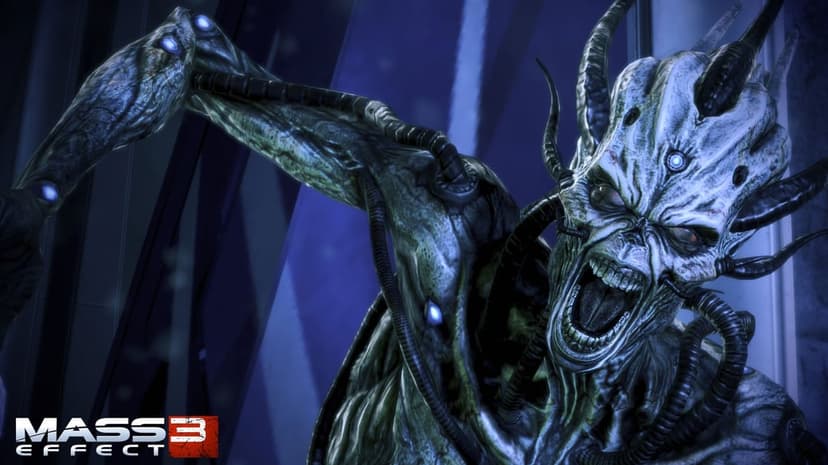 Screaming biomechanical Banshee with glowing blue eyes and cybernetic tubes in a dark sci-fi setting.