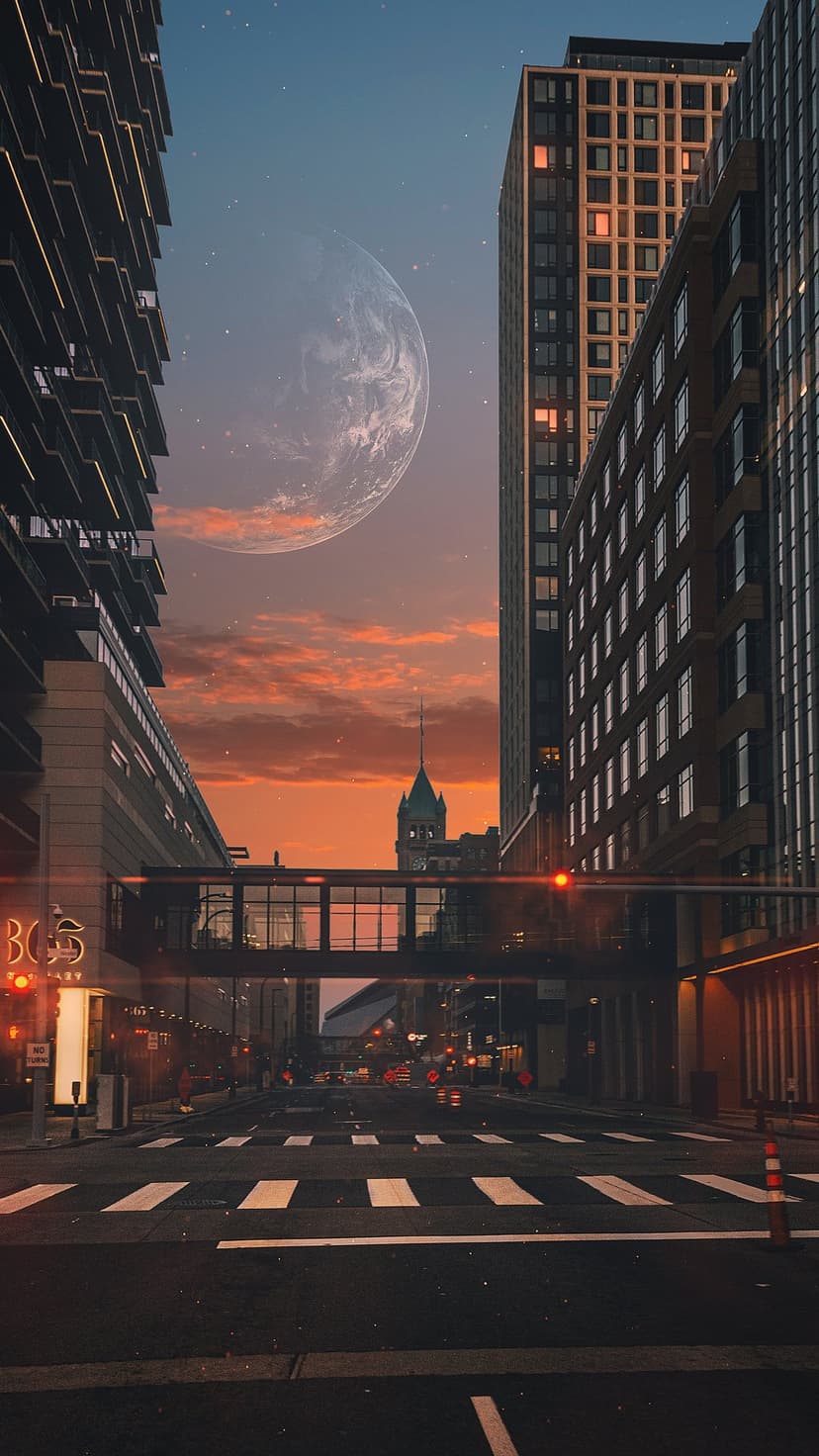 Giant moon hanging over a futuristic skywalk and urban street flanked by tall buildings at orange dusk.