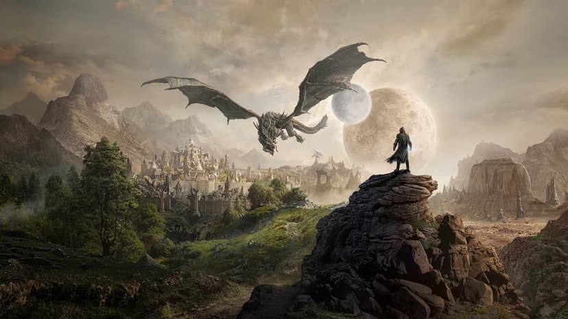 Massive dragon flies above a white fantasy city while a hooded figure stands on a rocky cliff under two moons.
