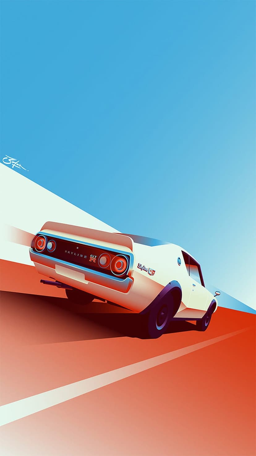 White Nissan Skyline GT-R cruising on a bright orange road against a deep blue sky with bold graphic outlines.