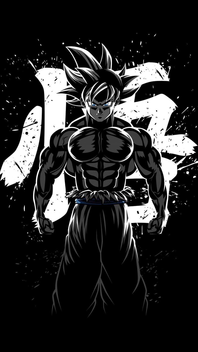 Son Goku stares intensely with vibrant blue eyes against a black and white background with Japanese kanji and ink.