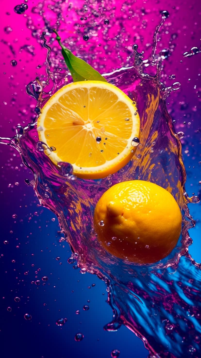 Sliced and whole lemons splashing into clear water against a vivid neon pink and electric blue gradient background.