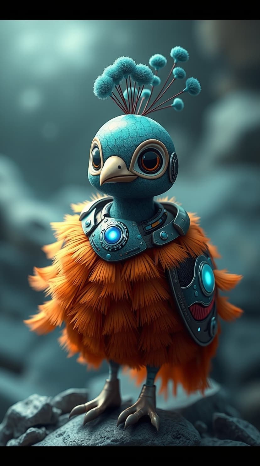 Robot bird with orange feathers and metallic armor plating featuring glowing blue circuitry on its wings.