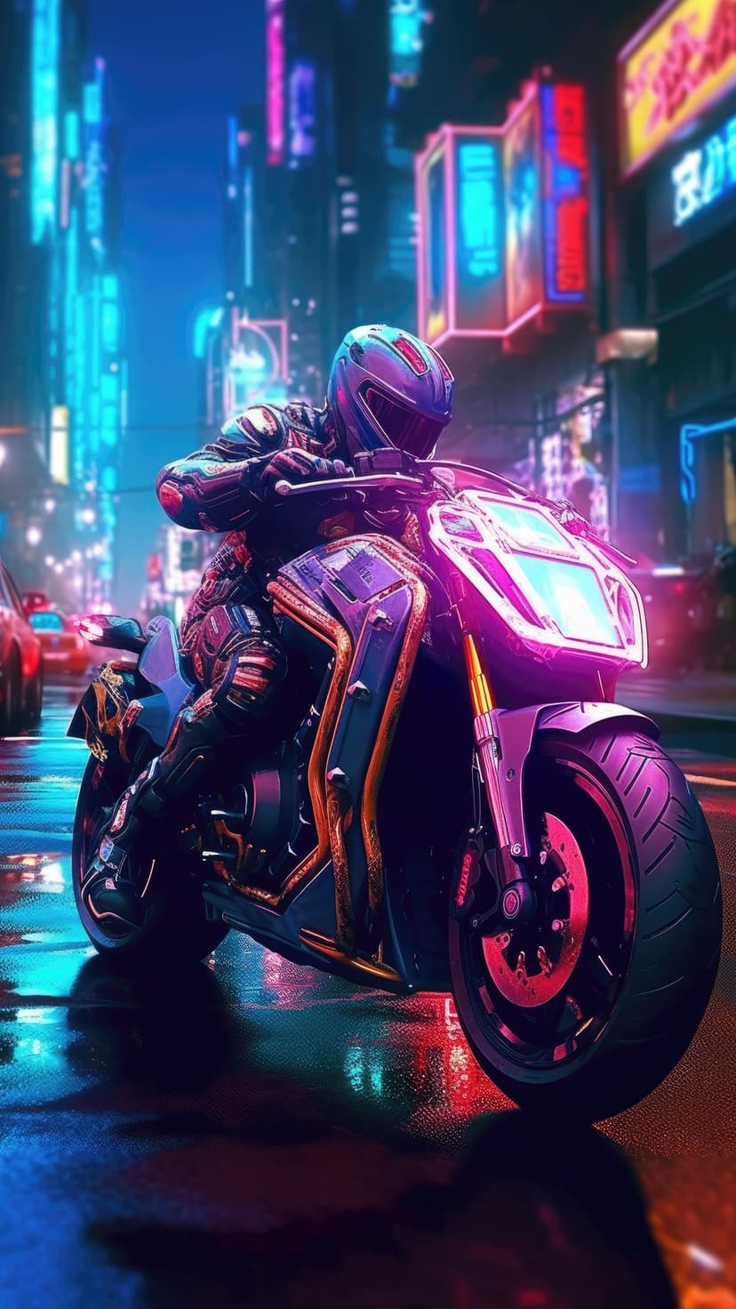 Motorcyclist in high-tech gear riding a glowing bike down a wet city street at night under neon signs.
