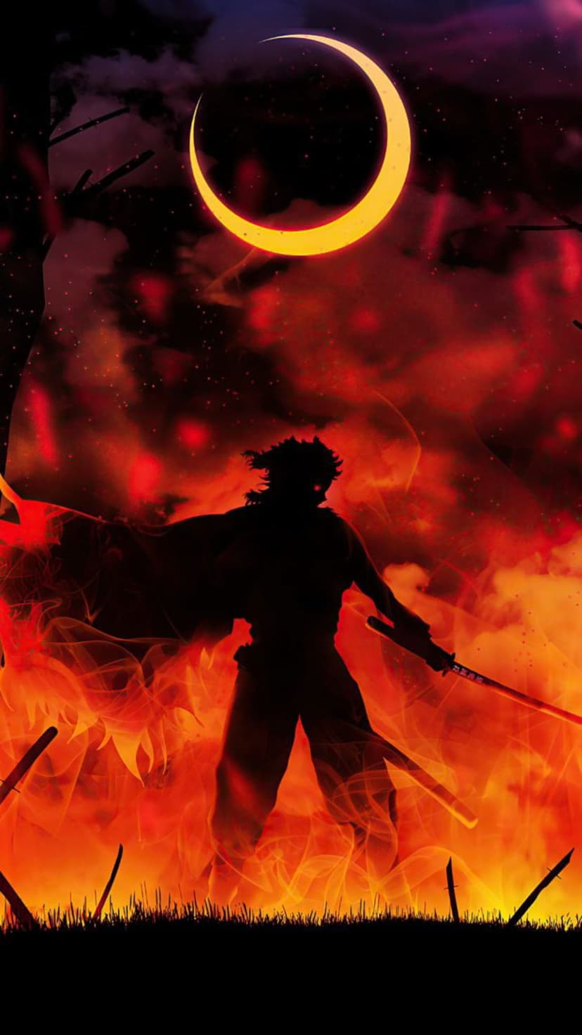 Samurai silhouette holding a glowing sword amidst orange flames and red embers under a thin crescent moon.