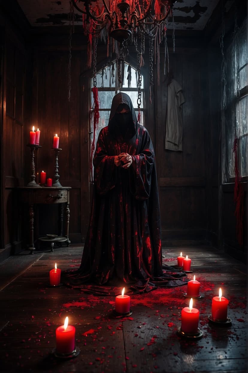 Cloaked man stands before glowing red candles and an ornate chandelier in a dark, wooden ritual chamber.