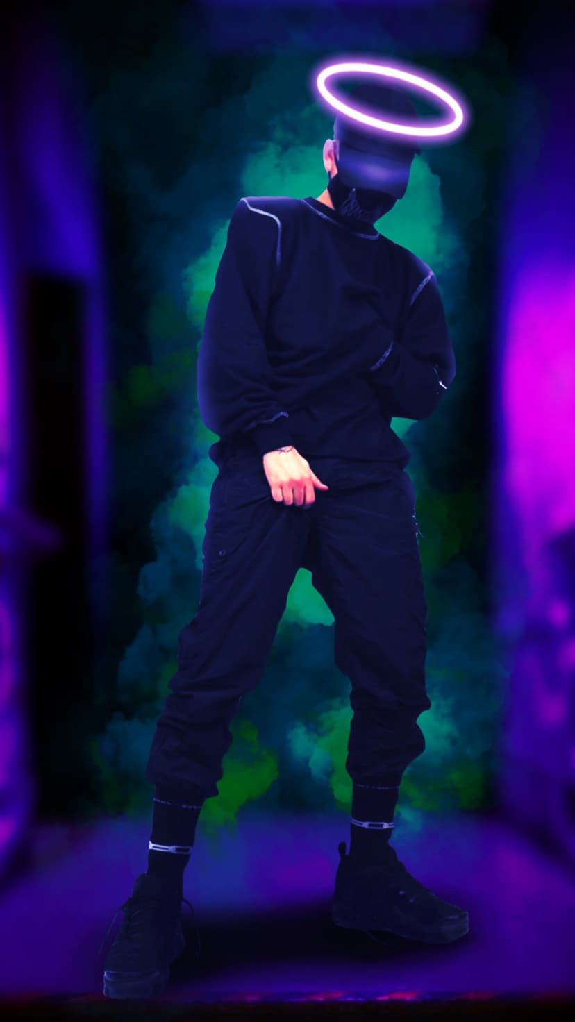 Masked figure in black clothing floats in a neon green smoke-filled hallway under a glowing purple ring halo.