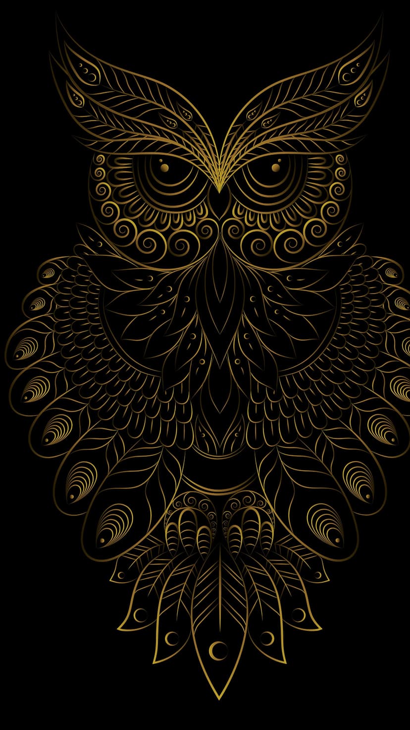 Golden owl with intricate mandala patterns on its feathers stands centered against a solid black background.