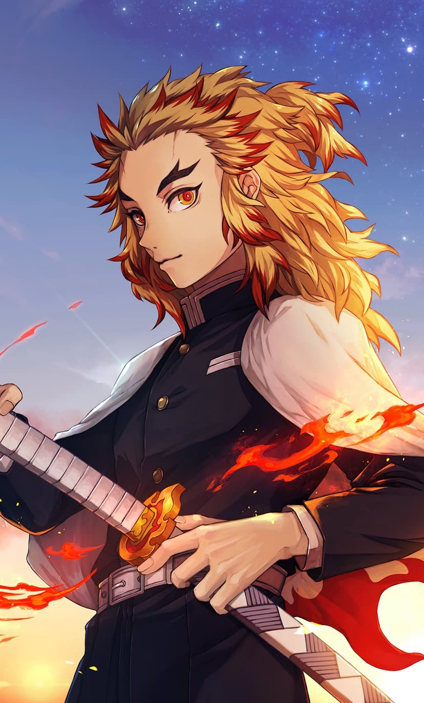Kyojuro Rengoku wears a flame haori and holds a katana against a purple starry sky and sunset horizon.