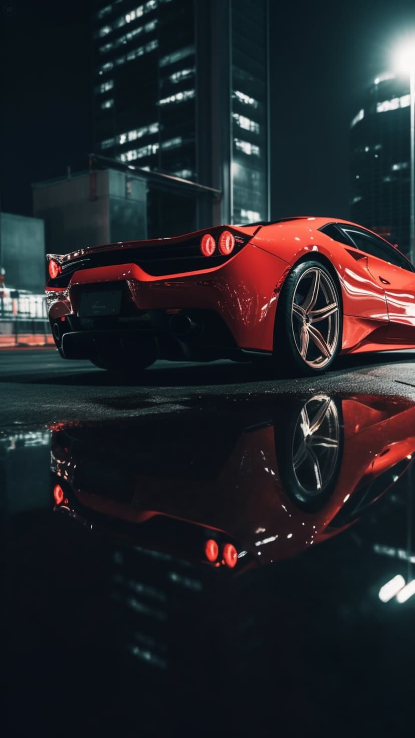 Red Ferrari parked on wet asphalt reflecting neon city lights with glowing taillights in a vertical urban view.