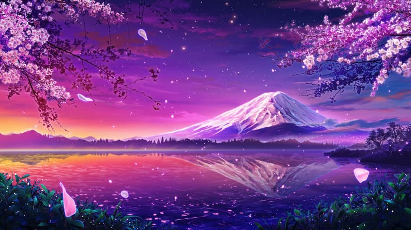 Sunset horizon landscape features layered purple clouds and orange light reflecting across a flat digital sky.