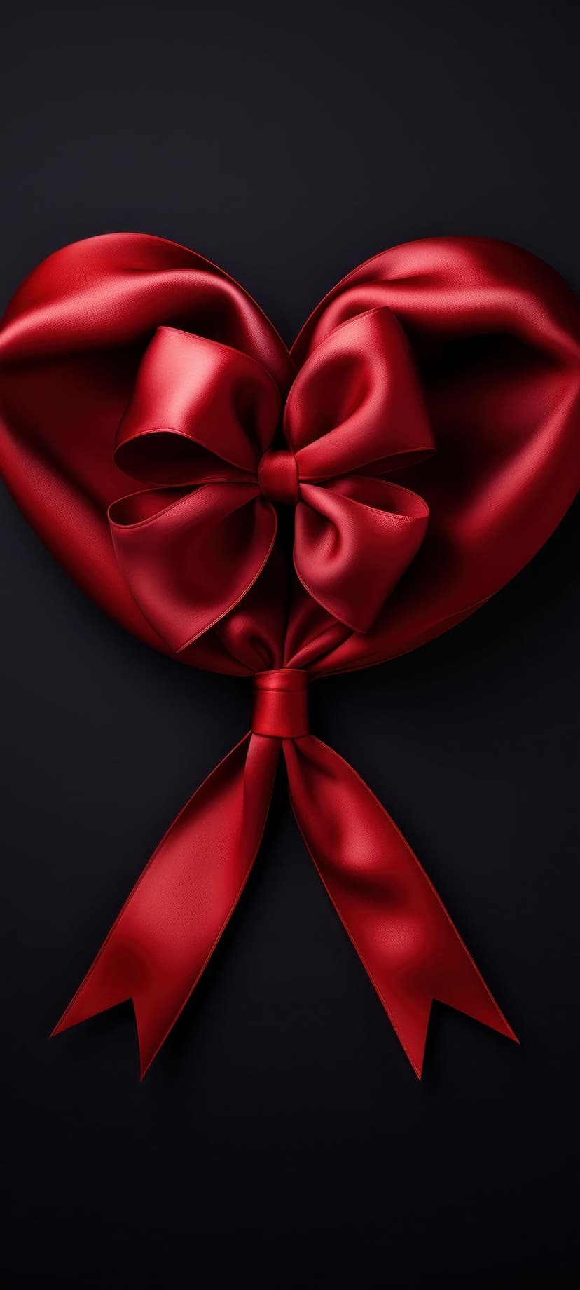 Heart-shaped red satin ribbon bow with a lustrous sheen set against a dark, shadowy background for contrast.