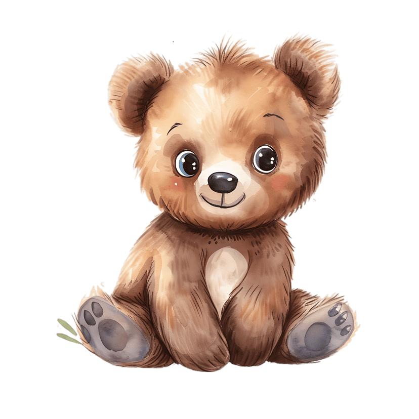 Teddy bear watercolor illustration sitting upright with textured brown fur, large eyes, and visible paw pads.