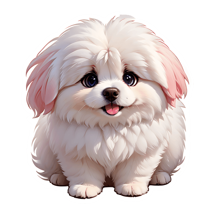 White furry puppy sticker illustration shows a small dog with blue eyes and pink ears in soft lighting.