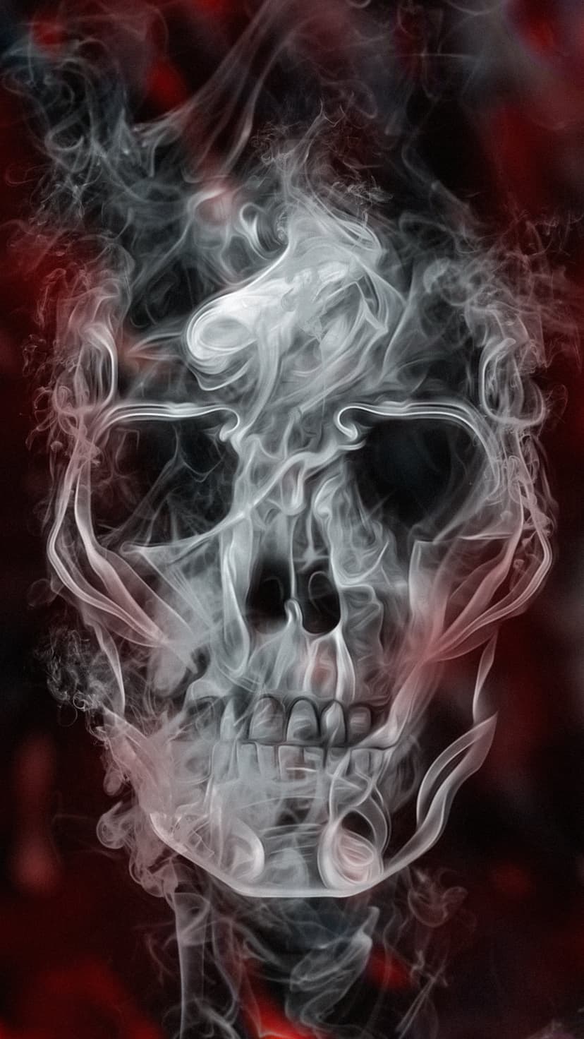 Human skull composed of swirling white and red smoke vapors against a dark textured crimson background.