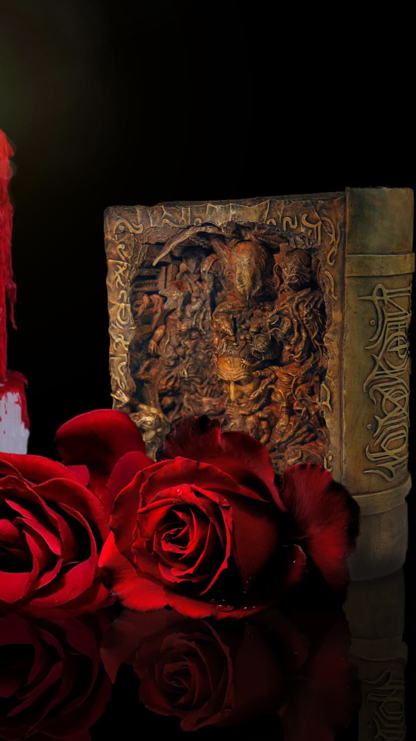 Ornate leather grimoire with metallic carvings rests beside deep red roses against a dark, shadowy background.