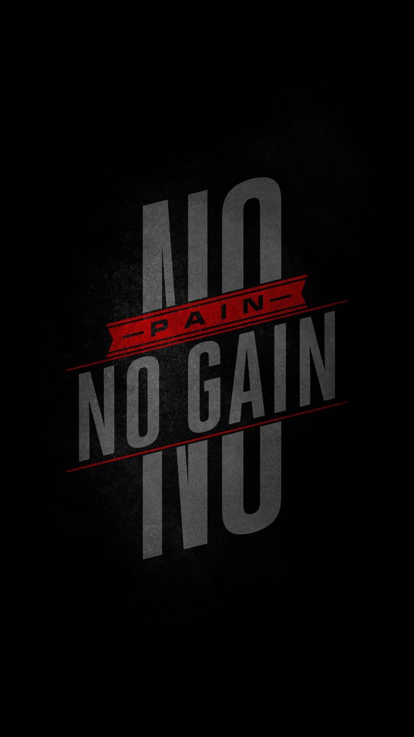 Gray No Pain No Gain lettering on a dark textured background featuring a horizontal red ribbon across the center.