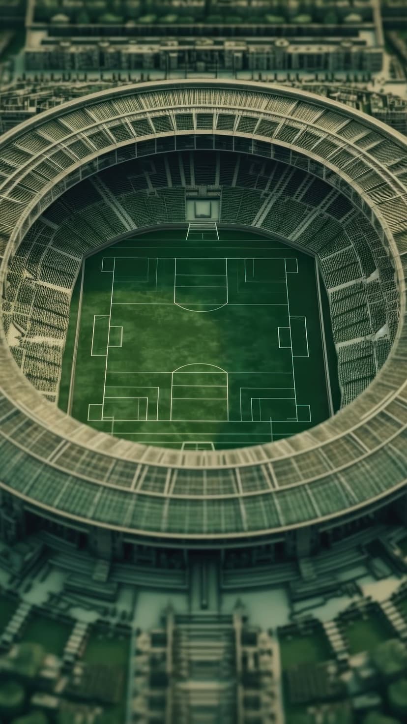 Circular soccer stadium with a bright green field and tiered seating viewed from a high-angle aerial perspective.