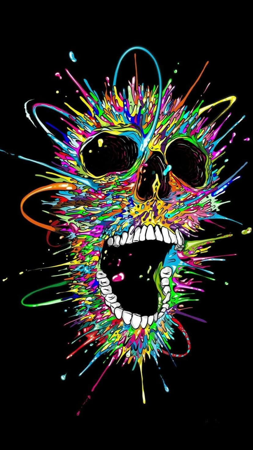 Human skull fragmenting into a chaotic burst of neon paint splashes against a solid deep black backdrop.
