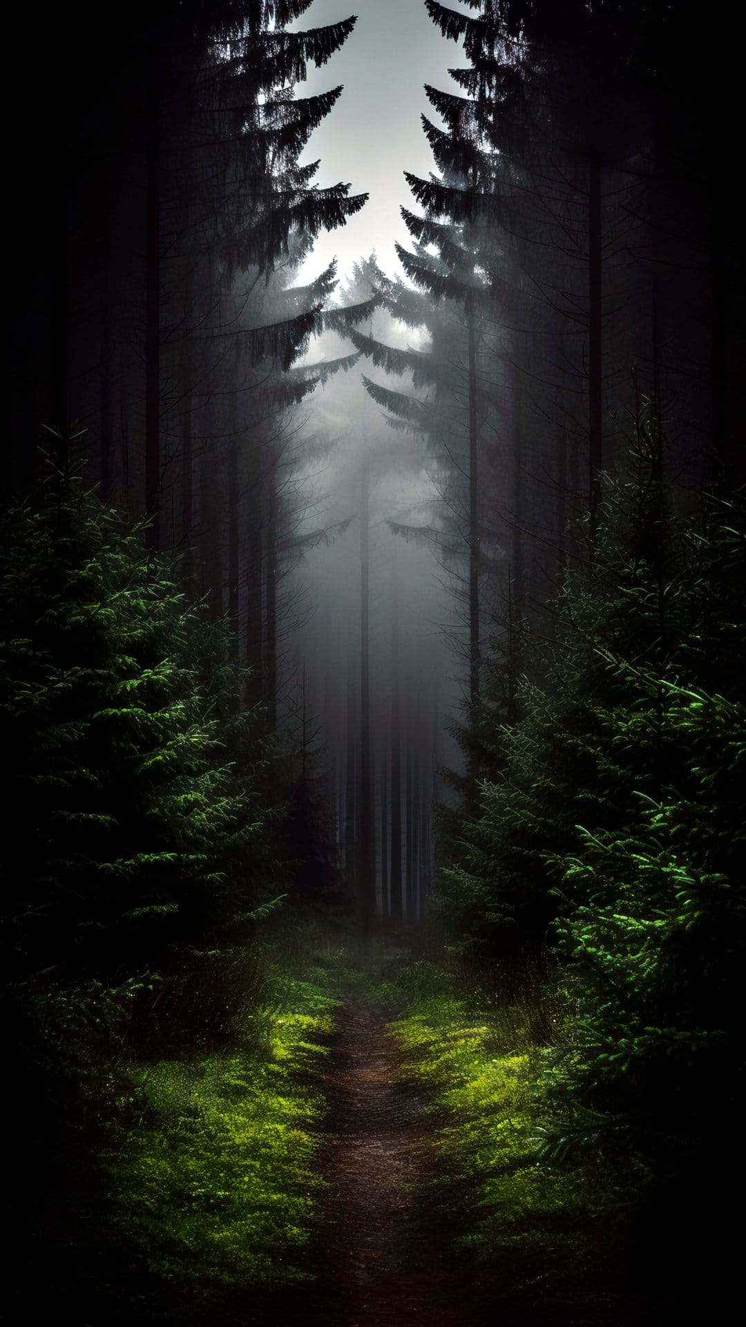 Winding dirt path through a misty forest of tall evergreen trees with vibrant green moss covering the damp floor.