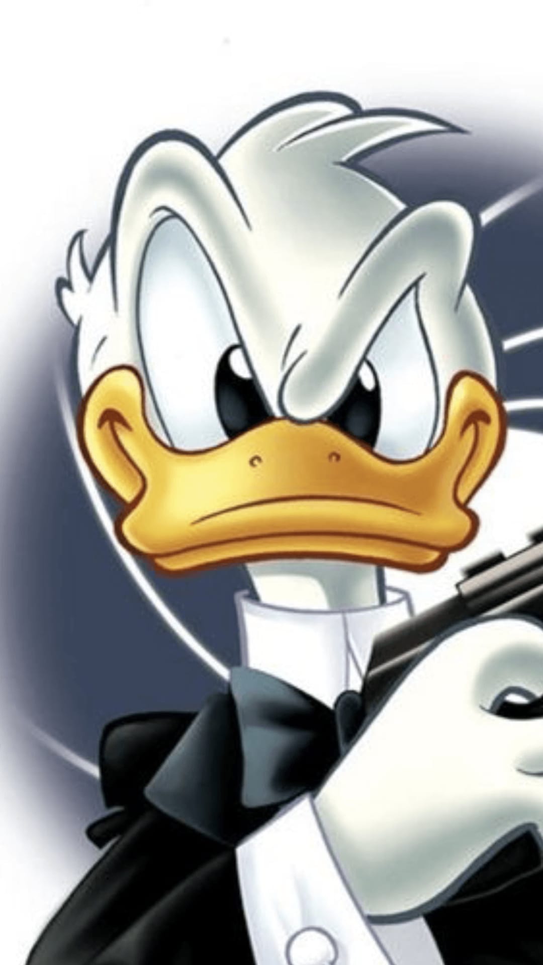 Donald Duck wears a black tuxedo and bowtie while aiming a handgun with a determined, angry expression.