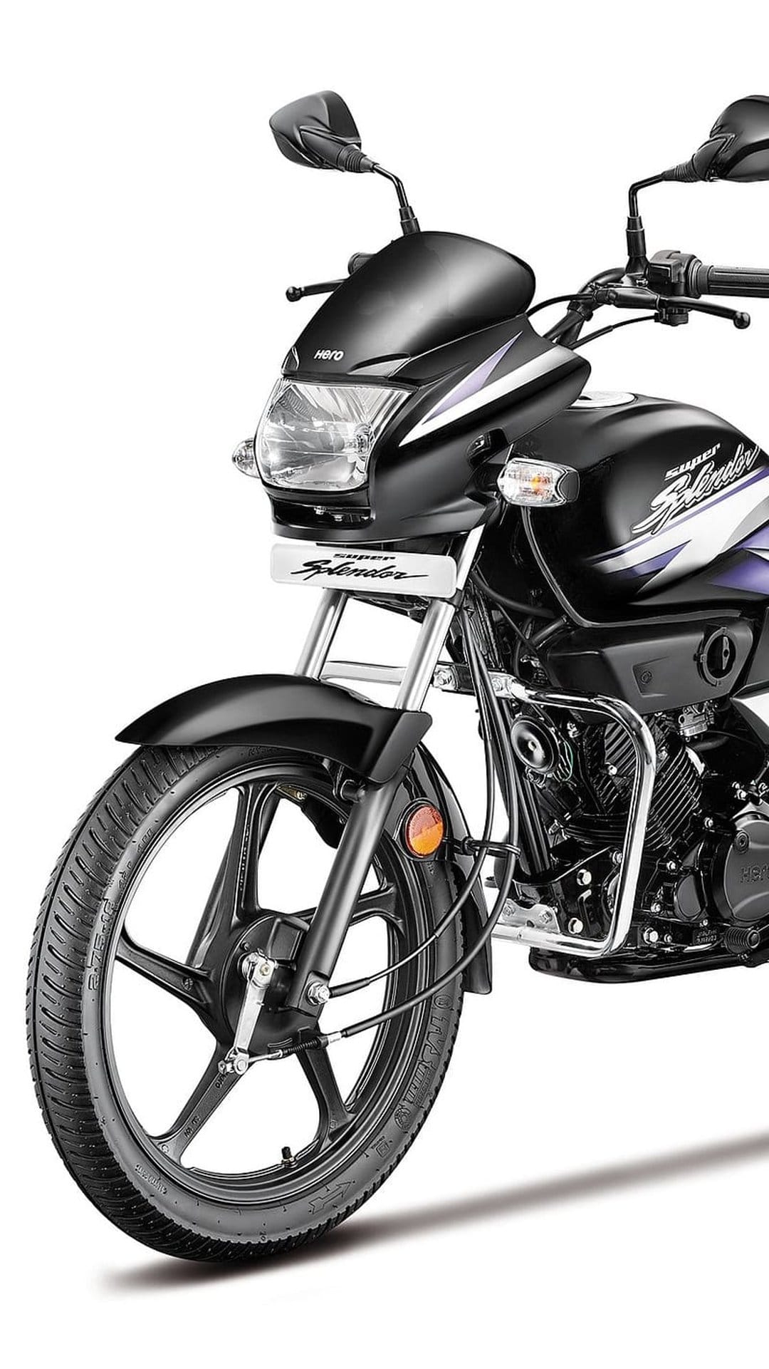 Black Hero Super Splendor motorcycle front view with chrome forks, a curved fender, and textured rubber tire.