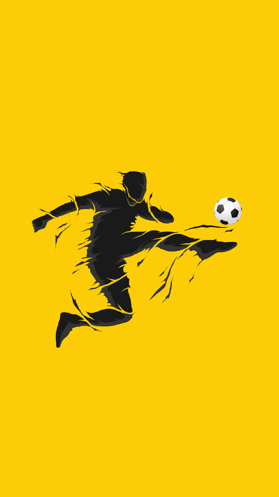 Athletic silhouette of a soccer player mid-kick with shattered outlines over a vibrant yellow surface.