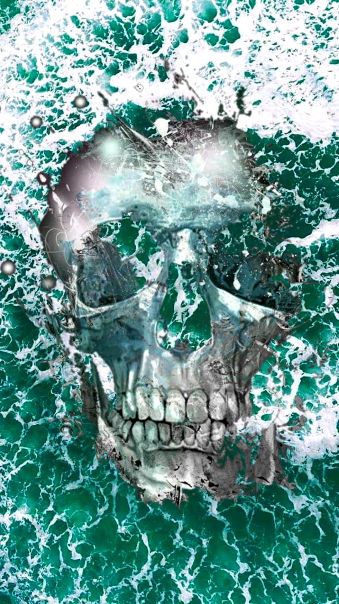 Translucent skull formed from churning turquoise ocean waves and white sea foam during a turbulent coastal storm.
