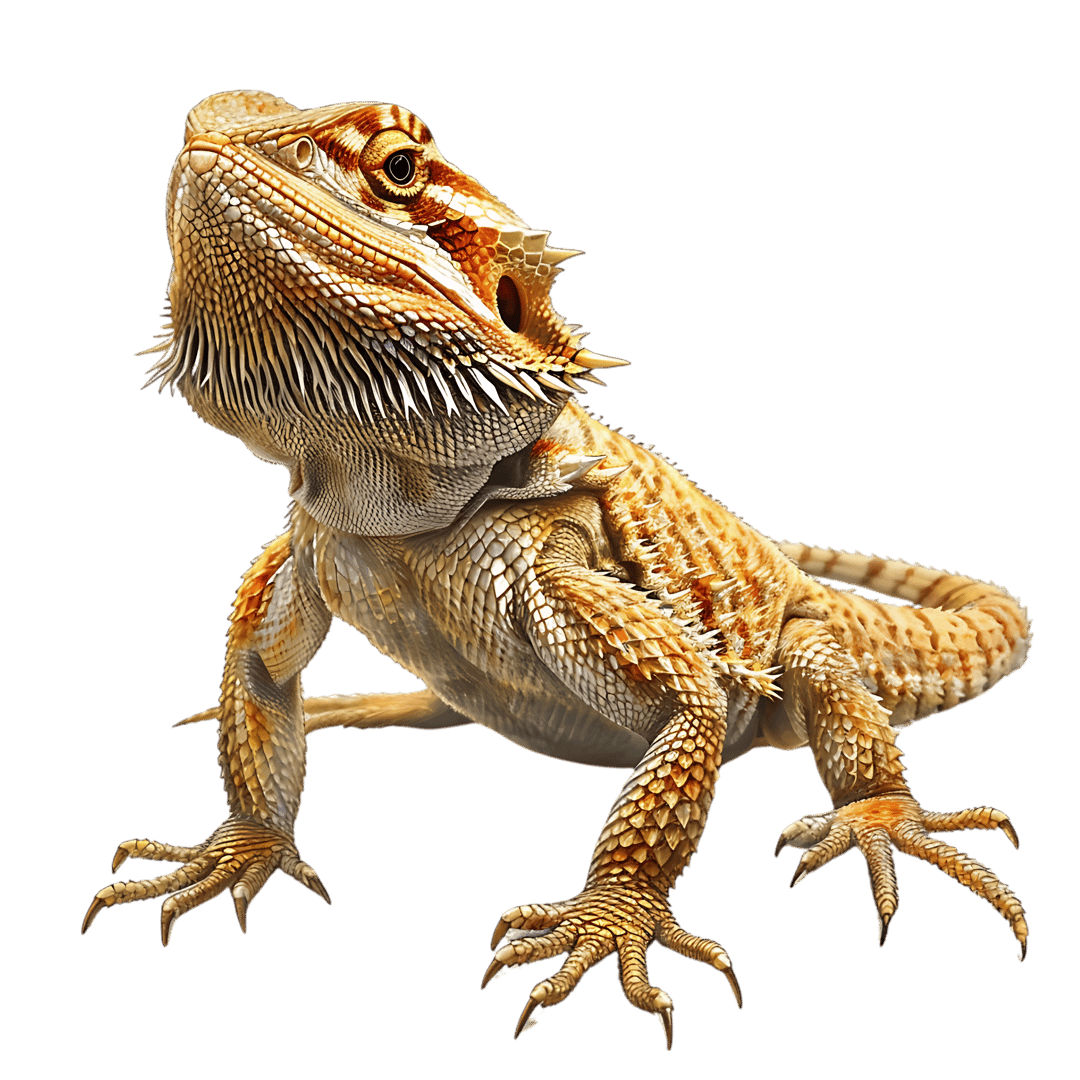 Bearded dragon lizard with spiky scales and sharp claws sits in profile against a solid black background.