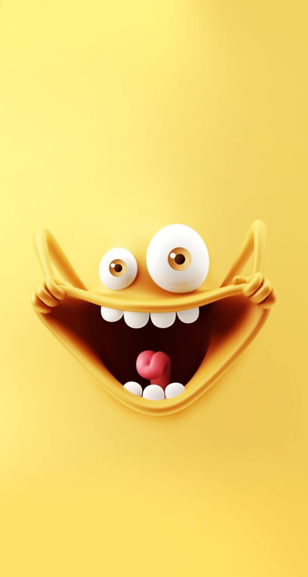 Yellow cartoon character with wide eyes and a massive grin stretches its mouth open against a matching background.