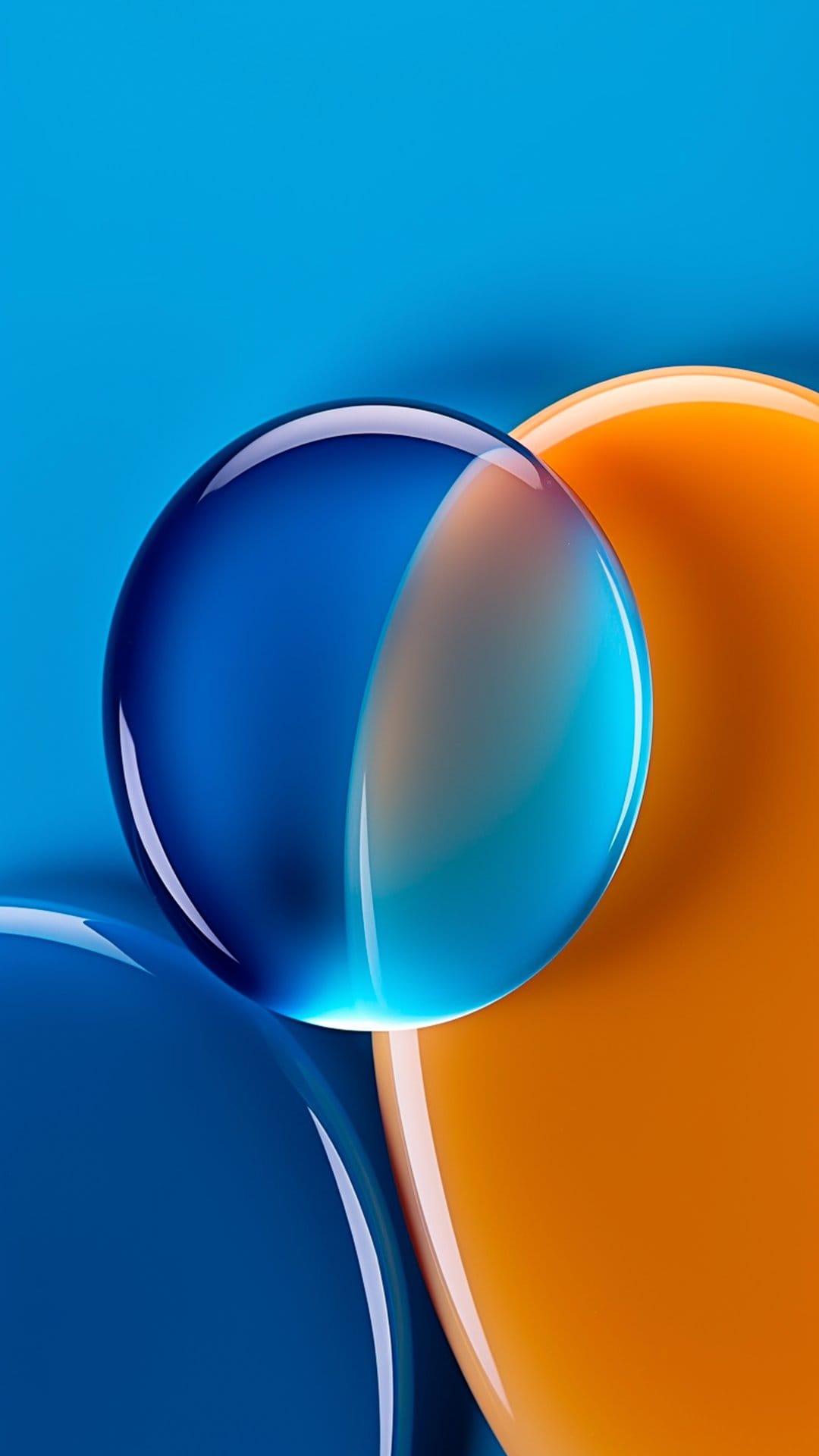 Glossy orange and blue translucent spheres overlap on a bright blue background with soft shadows and reflections.