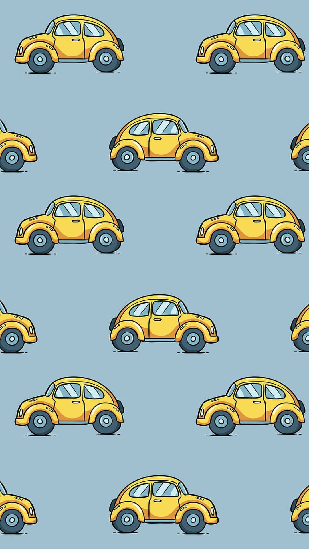 Yellow vintage cars in a repeating pattern with bold outlines and a playful, stylized retro aesthetic.