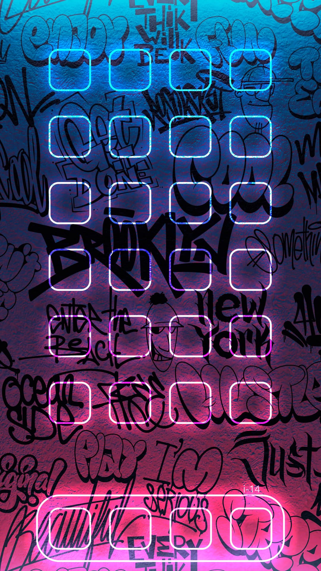 Neon app icon outlines shine over a pink and blue spray-painted brick wall with a gritty urban texture.