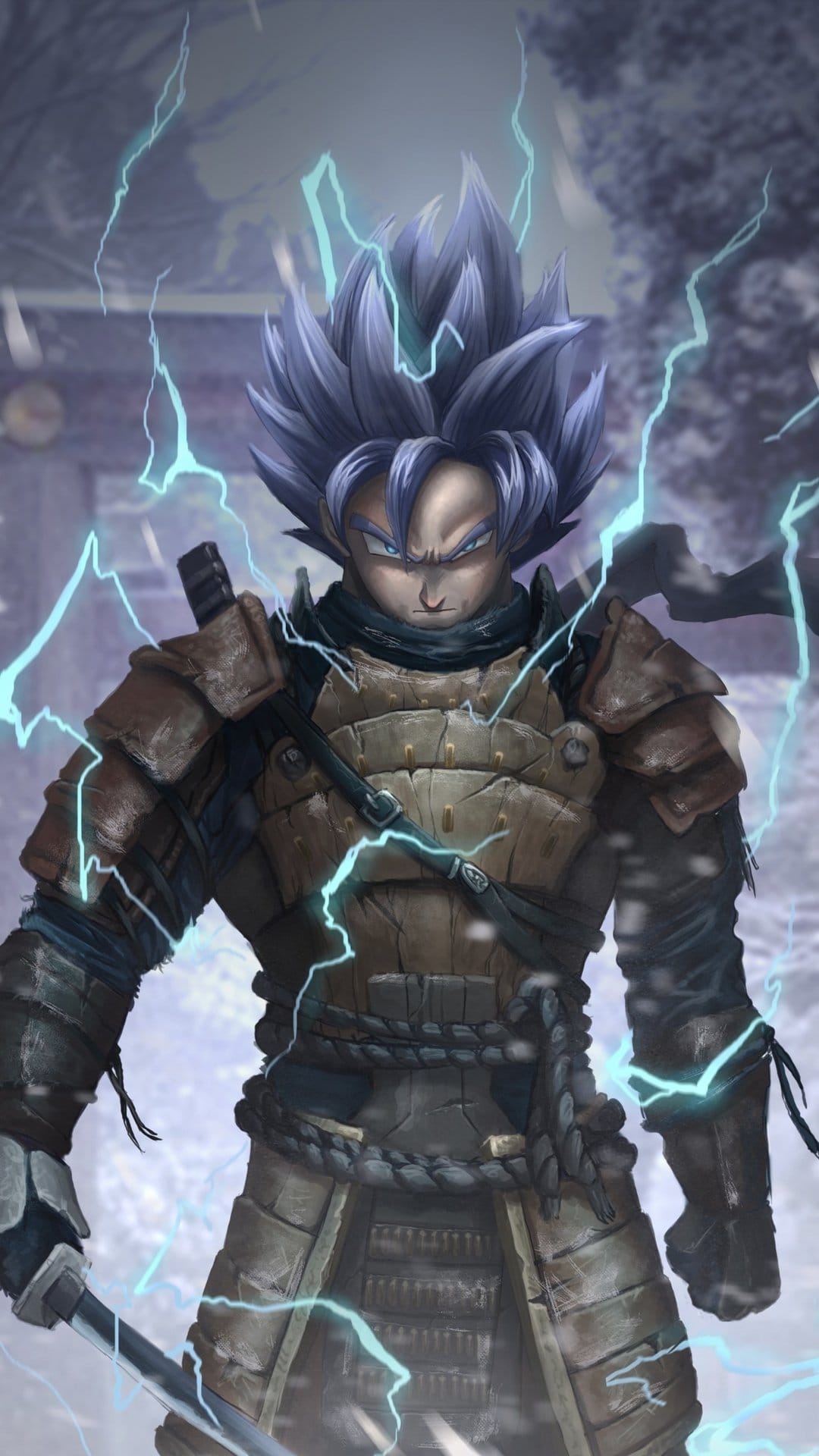 Goku in samurai armor with spiky blue hair and electric aura standing in a snowy traditional Japanese garden.