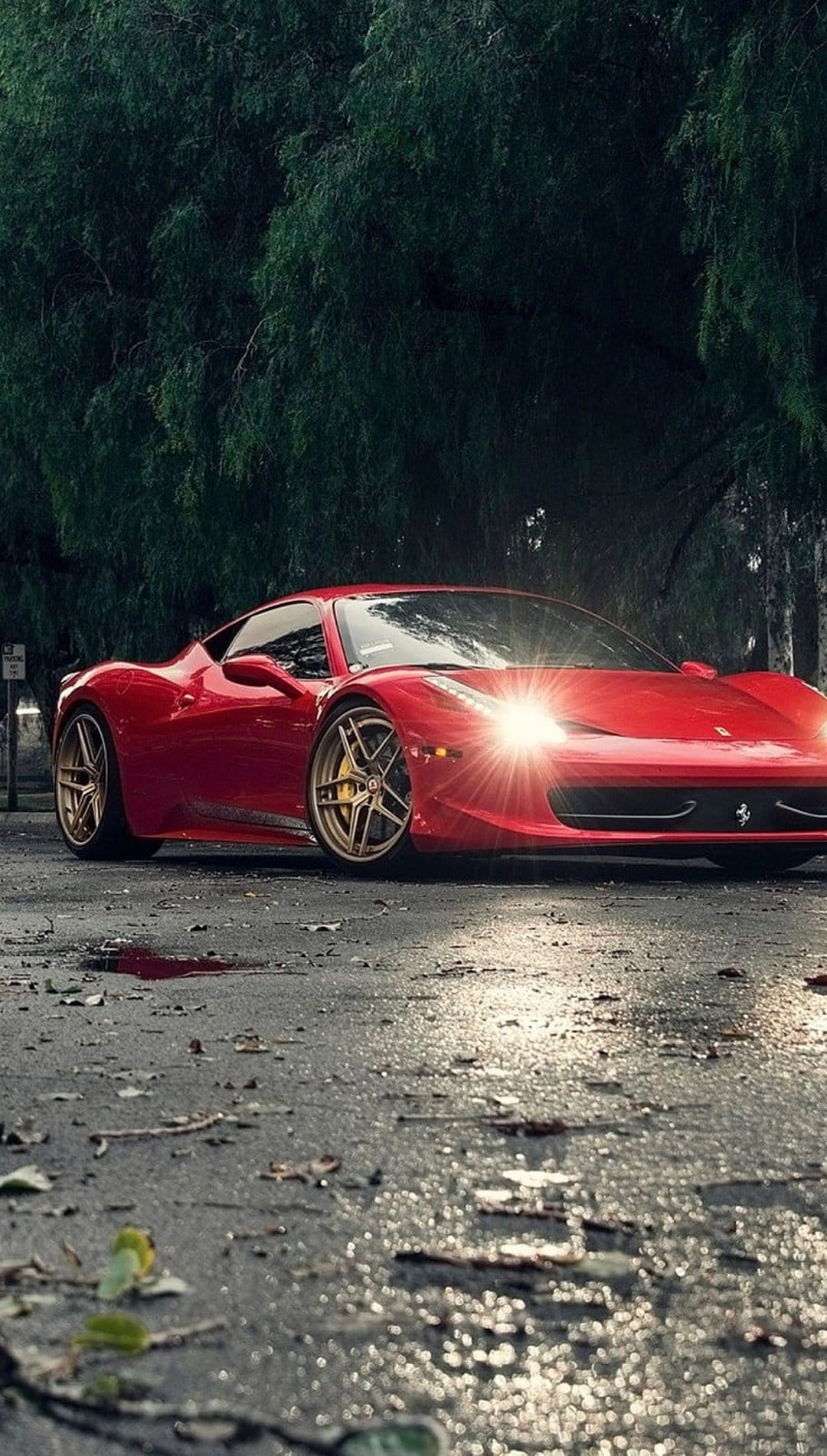 Red Ferrari 458 Italia with gold rims parked on a wet road near green trees under bright sunlight glare.