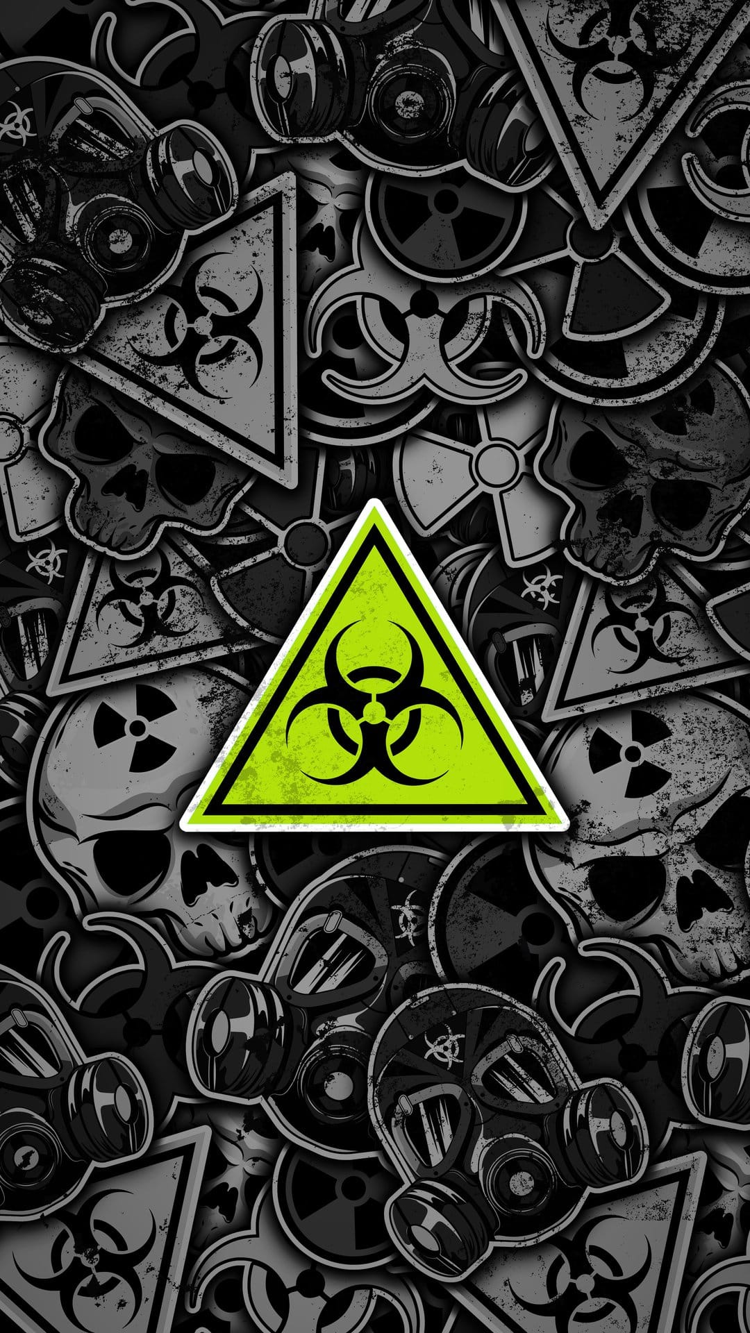 Green biohazard triangle centered over a monochromatic collage of gas masks, skulls, and radiation signs.