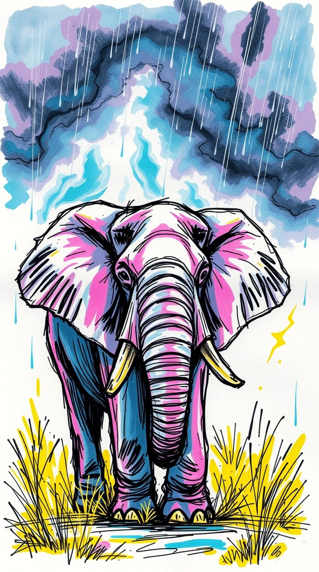 Pink and blue elephant standing in yellow grass under a dark stormy sky with bright yellow lightning strikes.