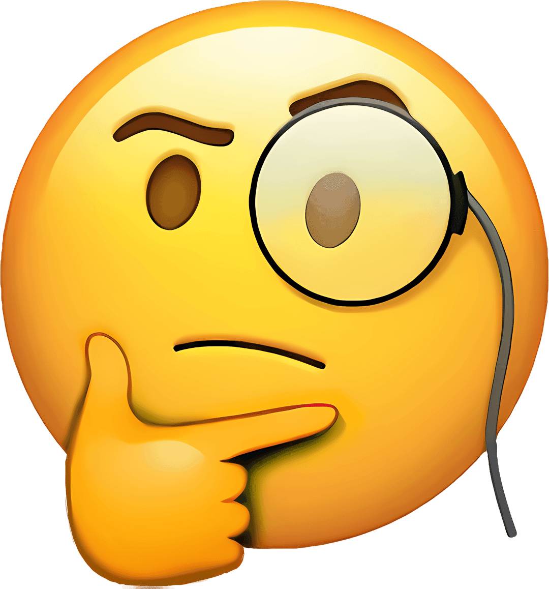 Thinking emoji wearing a black monocle with a hand resting on its chin, rendered in glossy 3D yellow.