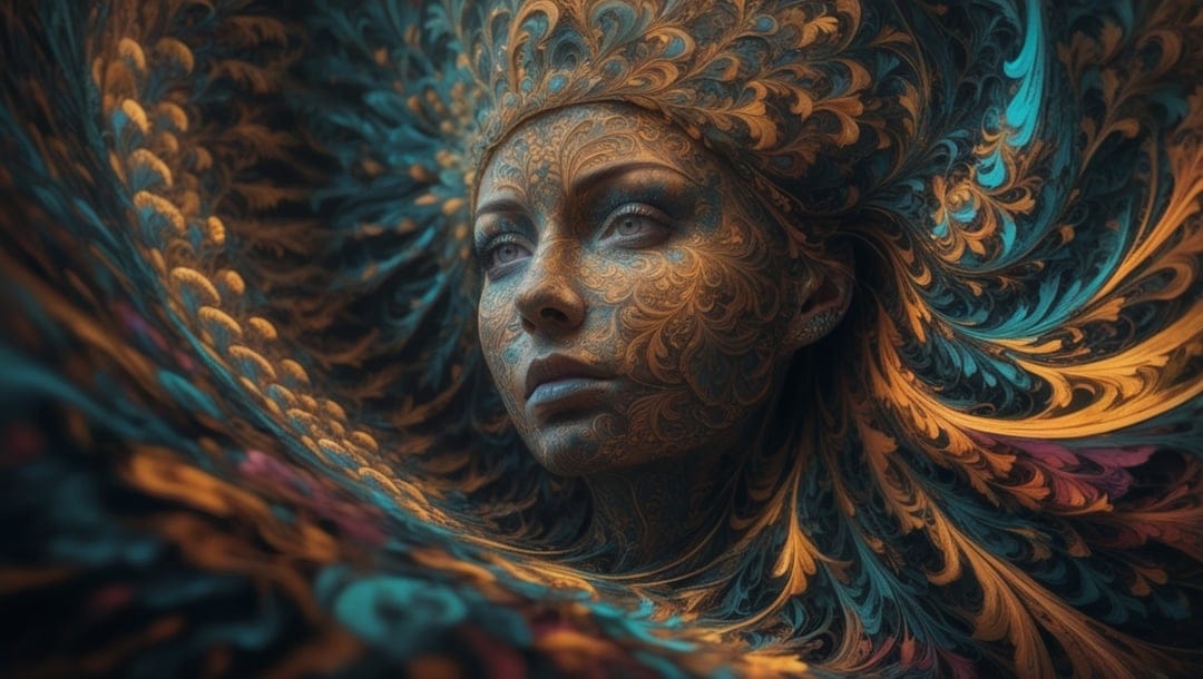 Woman featuring intricate gold and teal swirling patterns on her face and hair for a vertical phone screen.