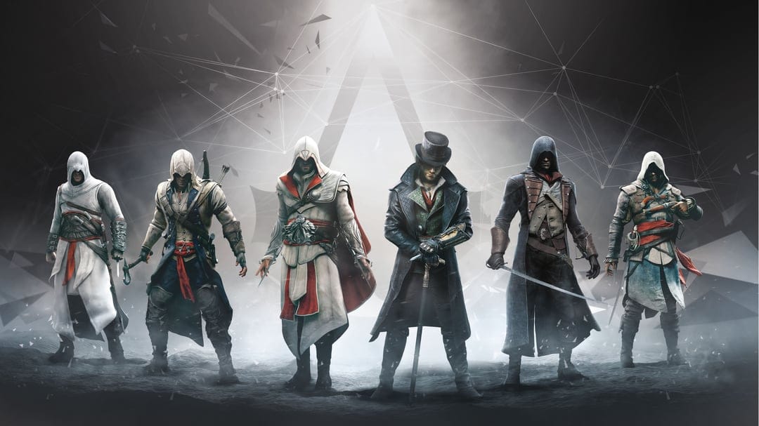 Assassin brotherhood characters stand in hooded robes with hidden blades against a misty historical landscape.
