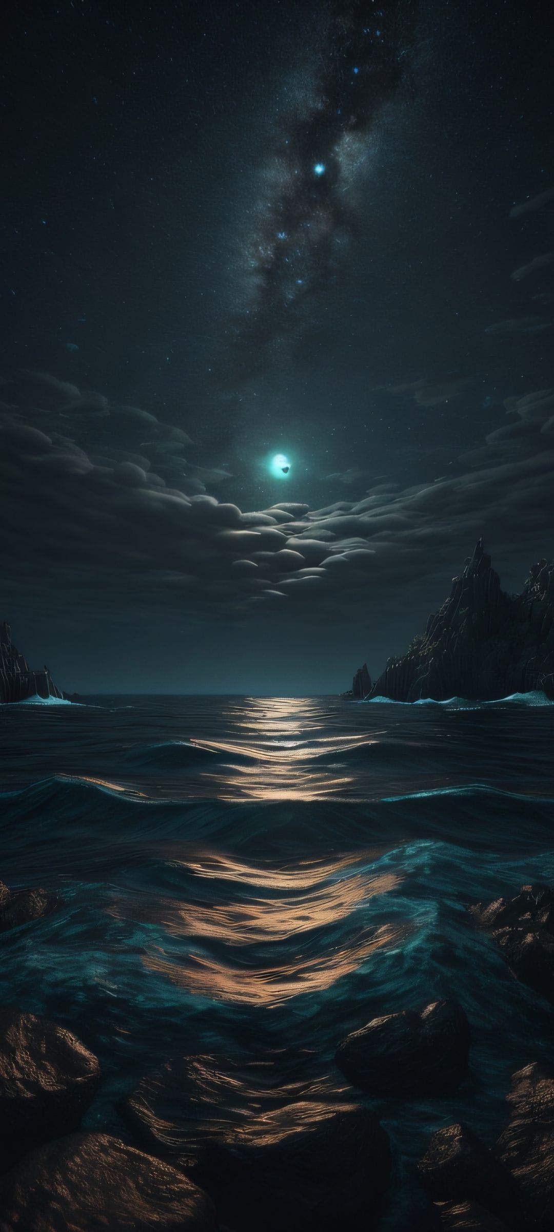 Milky Way galaxy stars stretch over a turquoise moon and golden sea reflections near rugged coastal cliffs.