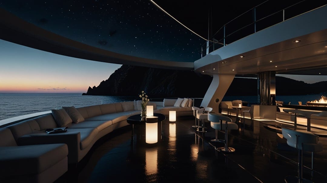 Luxury yacht deck with plush white sofas, a marble bar, and glowing ambient lights under a starry sunset sky.