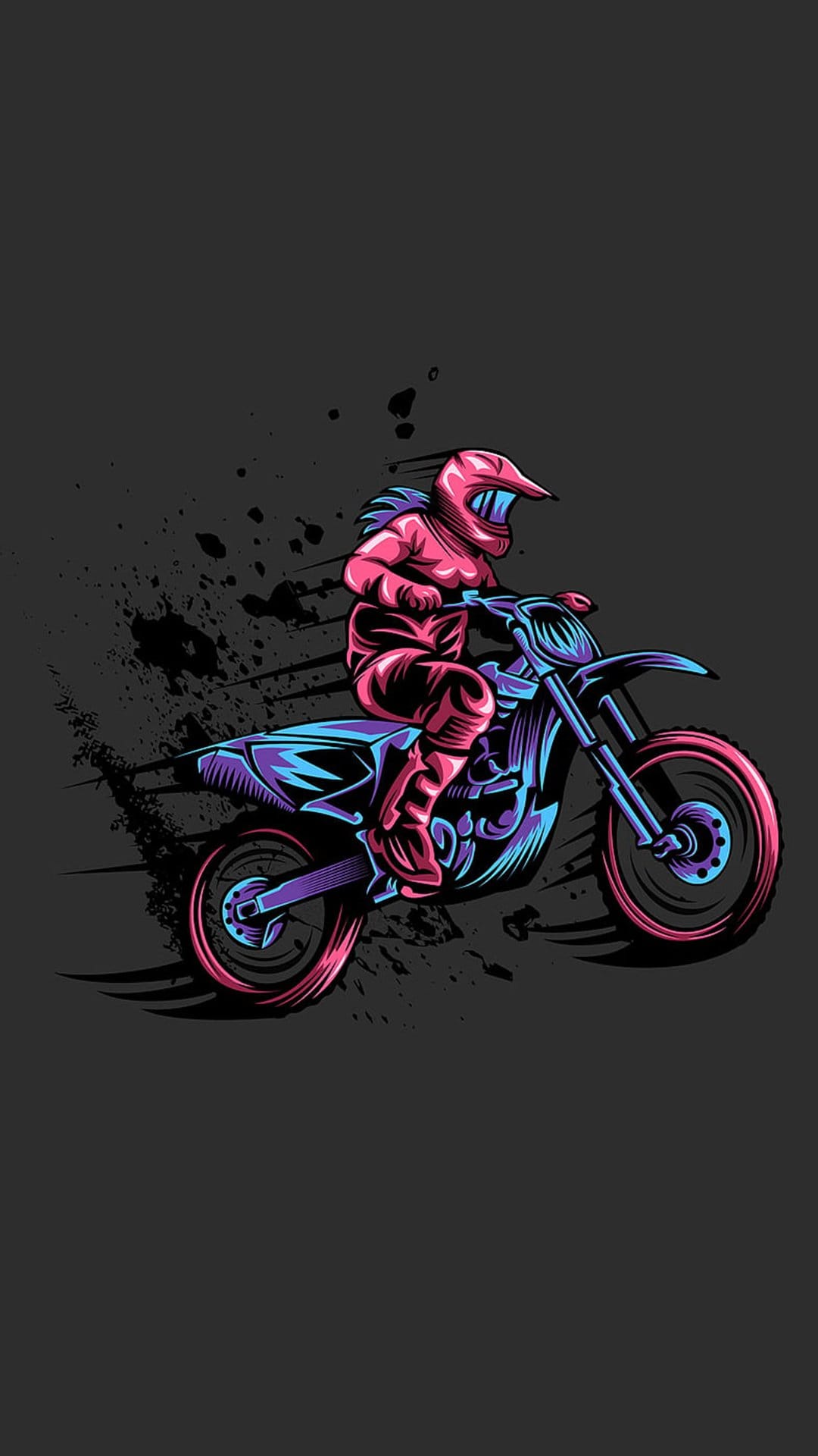 Motocross rider in a pink suit jumps a neon dirt bike against a dark backdrop with vibrant light streaks.