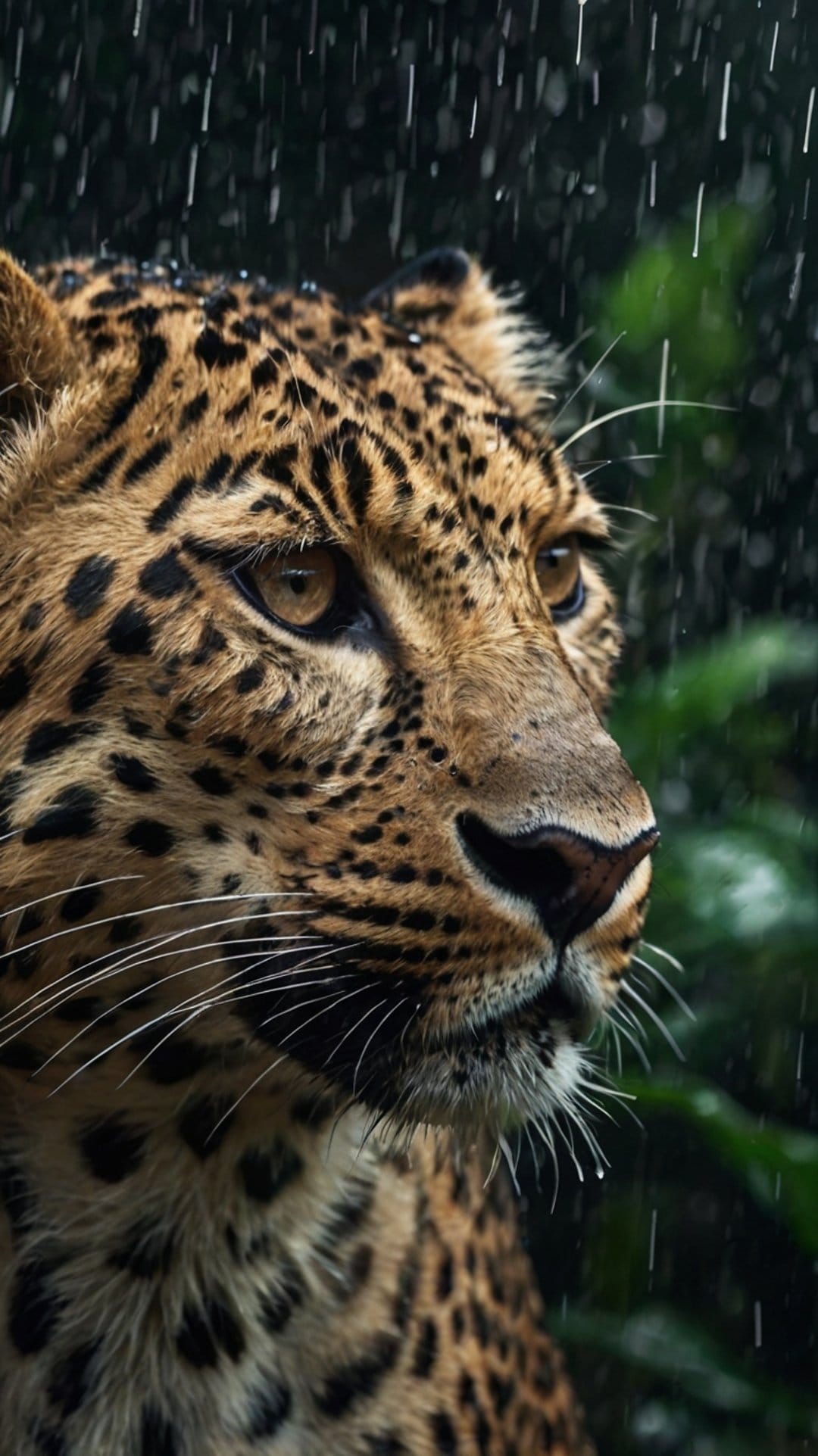 Leopard with wet spotted fur and intense eyes stares through raindrops against a green foliage background.