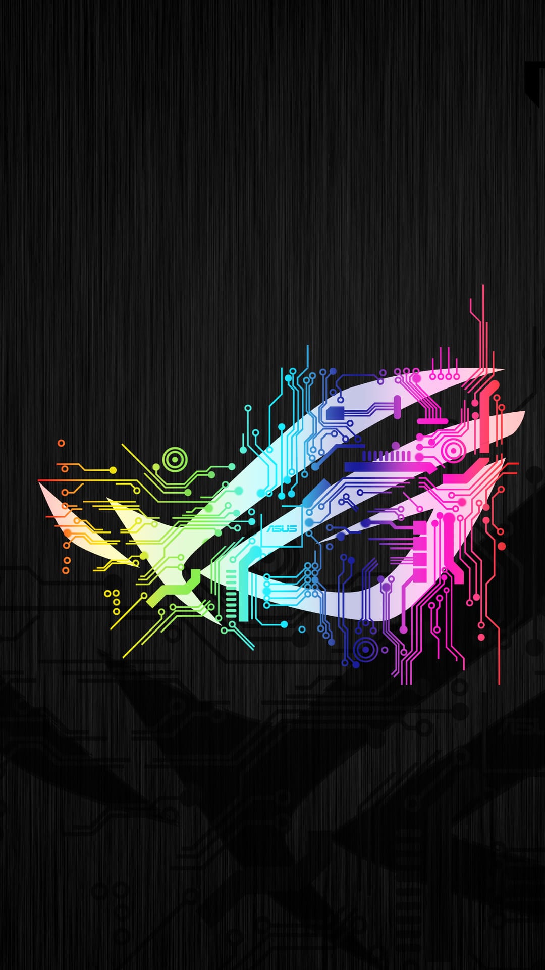 ASUS ROG logo eye formed by glowing multicolored circuit traces and electronic parts on a dark background.