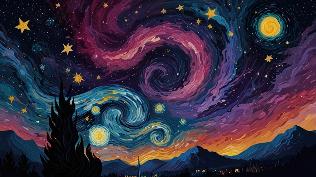 Swirling celestial patterns in blue and purple glow over dark mountain silhouettes and a tall cypress tree.